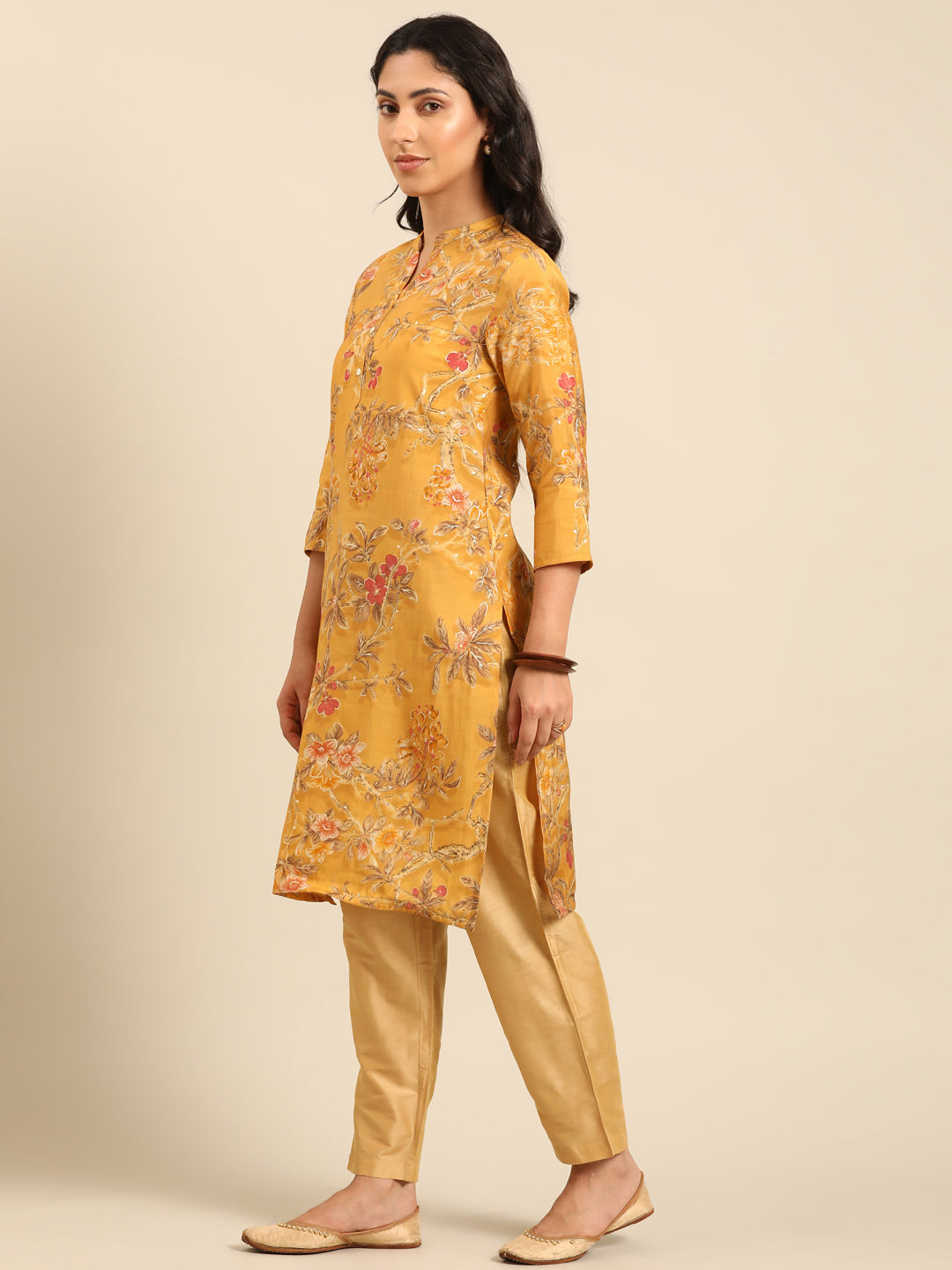 Mustard Printed Muslin Straight Kurta