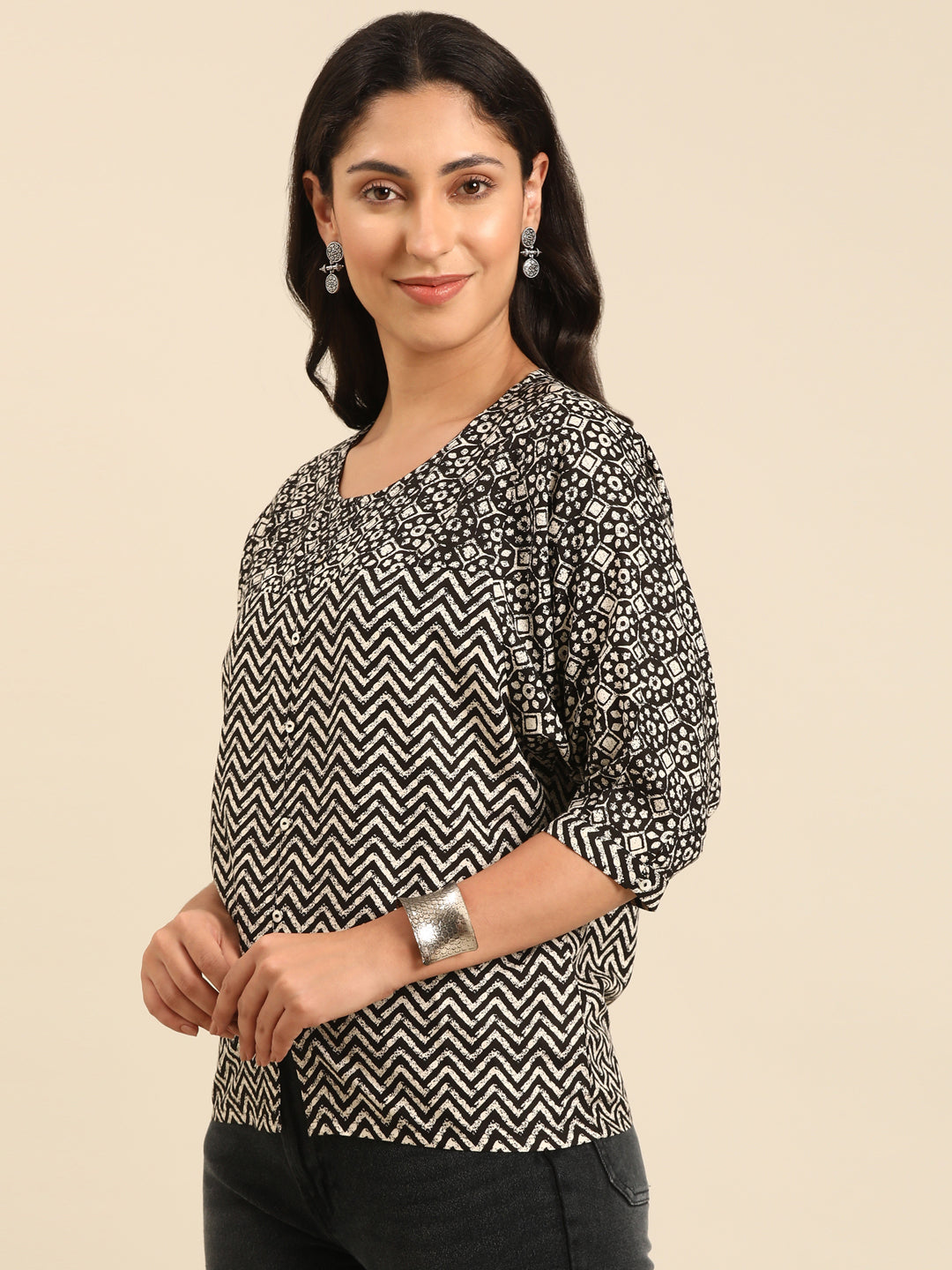 Black & White Printed Viscose Rayon A-Line Top