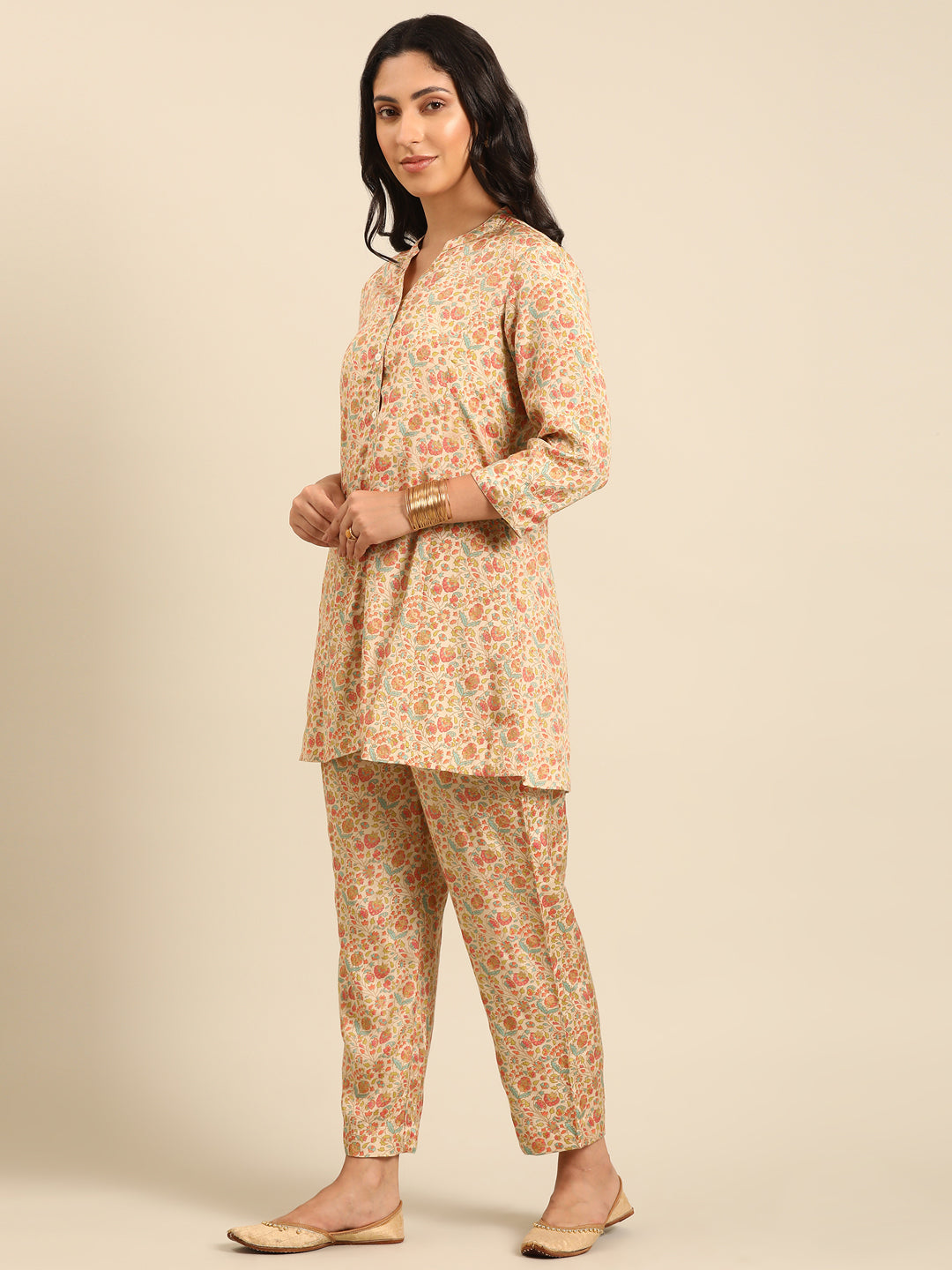 Beige Floral Kurta Pant Set