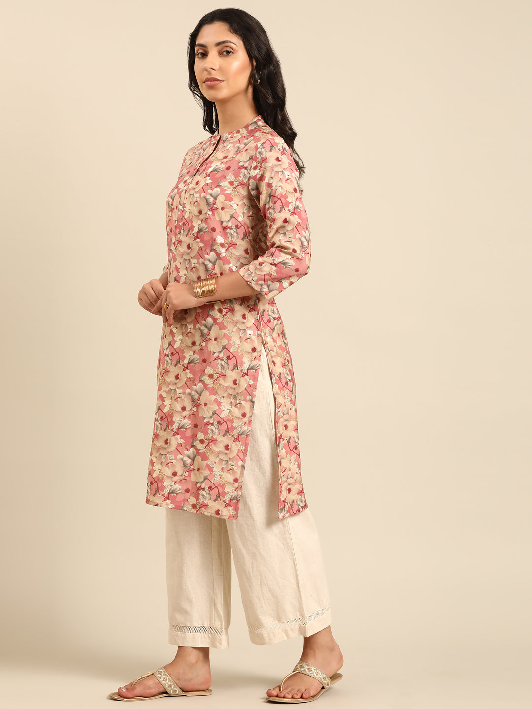 Pink Printed Muslin Straight Kurta