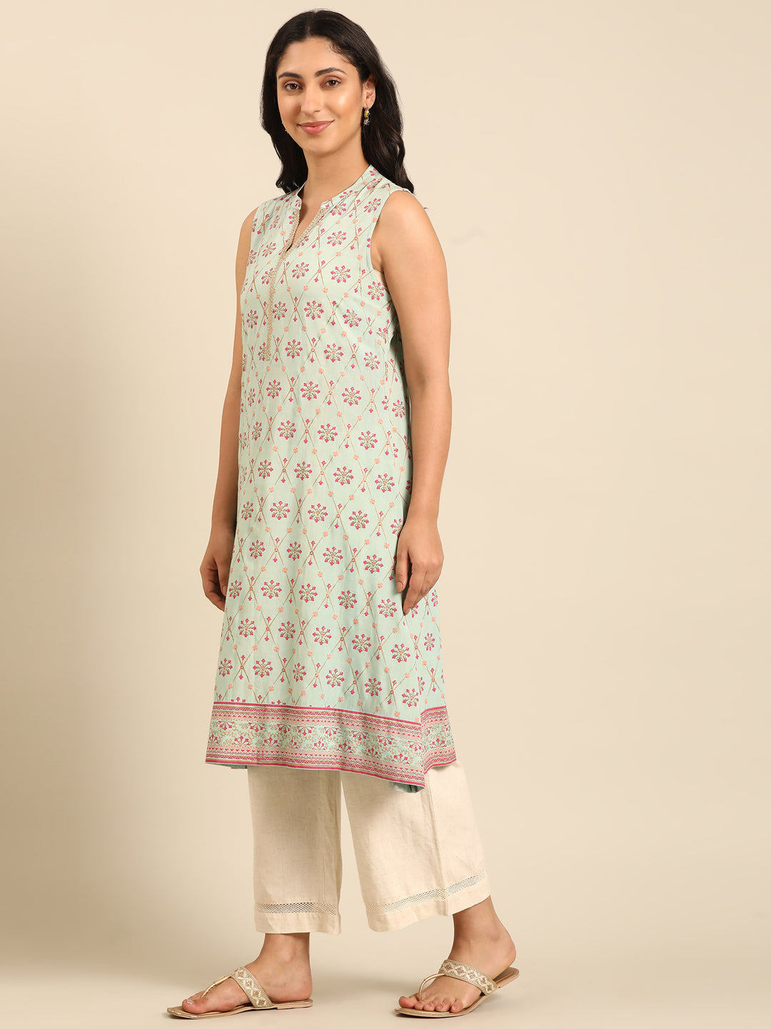 Mint Printed Viscose Rayon Sleeveless Kurta