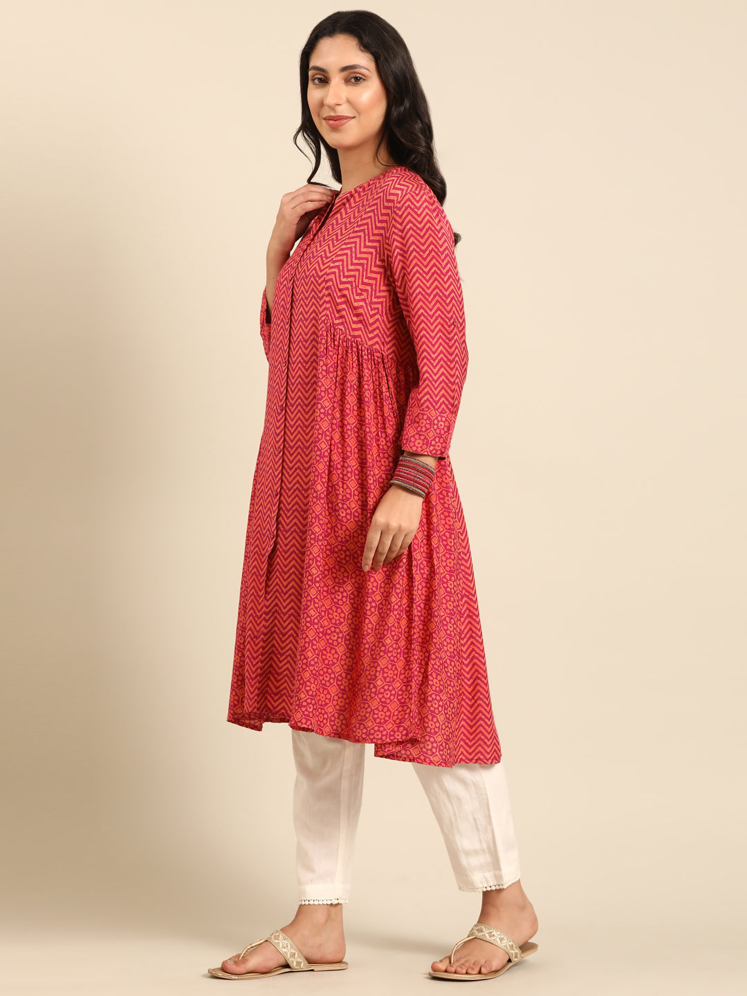 Fuchsia Printed Rayon A-Line Kurta