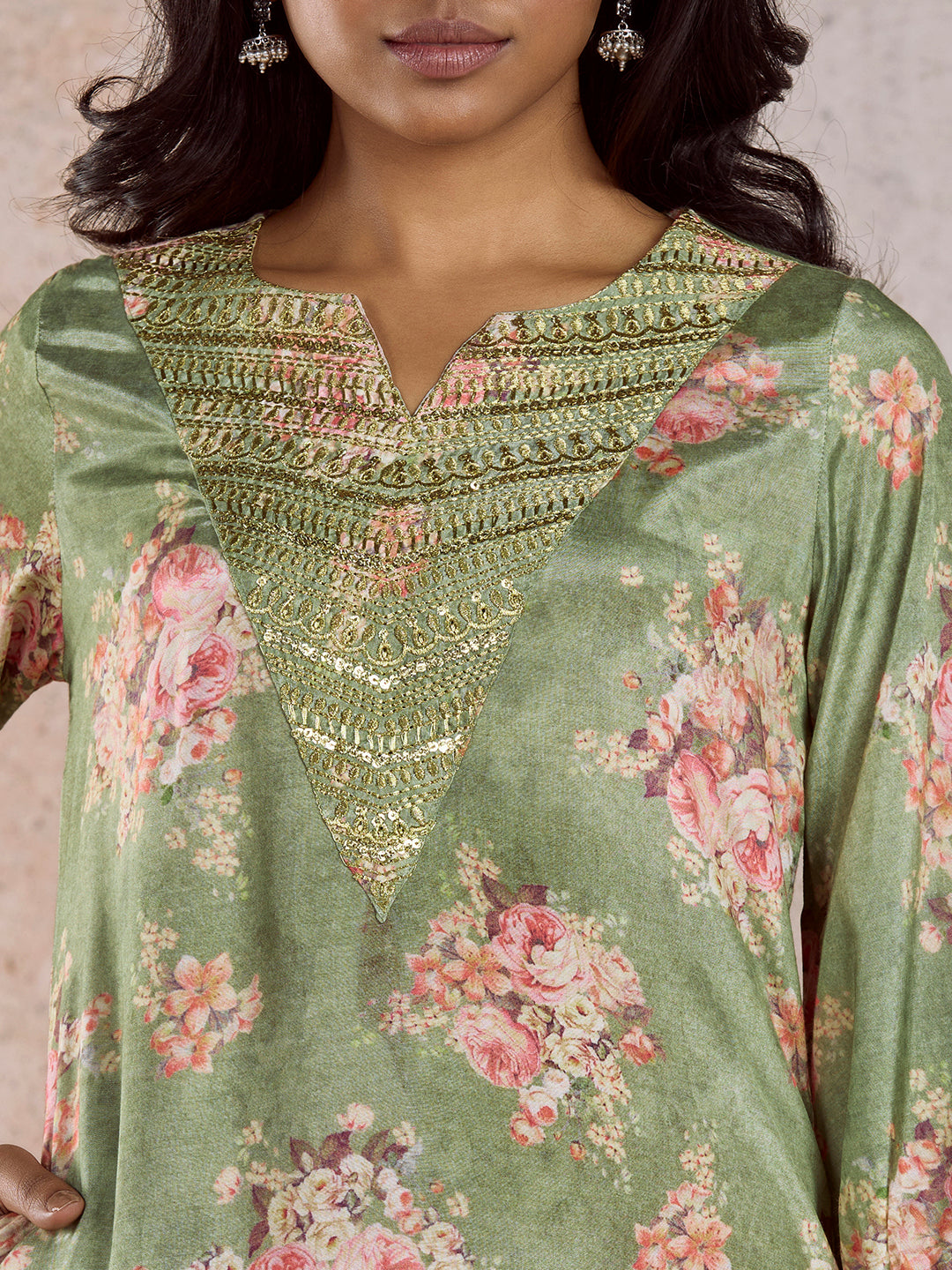 Green Yoke Embroidered Rayon Kurta