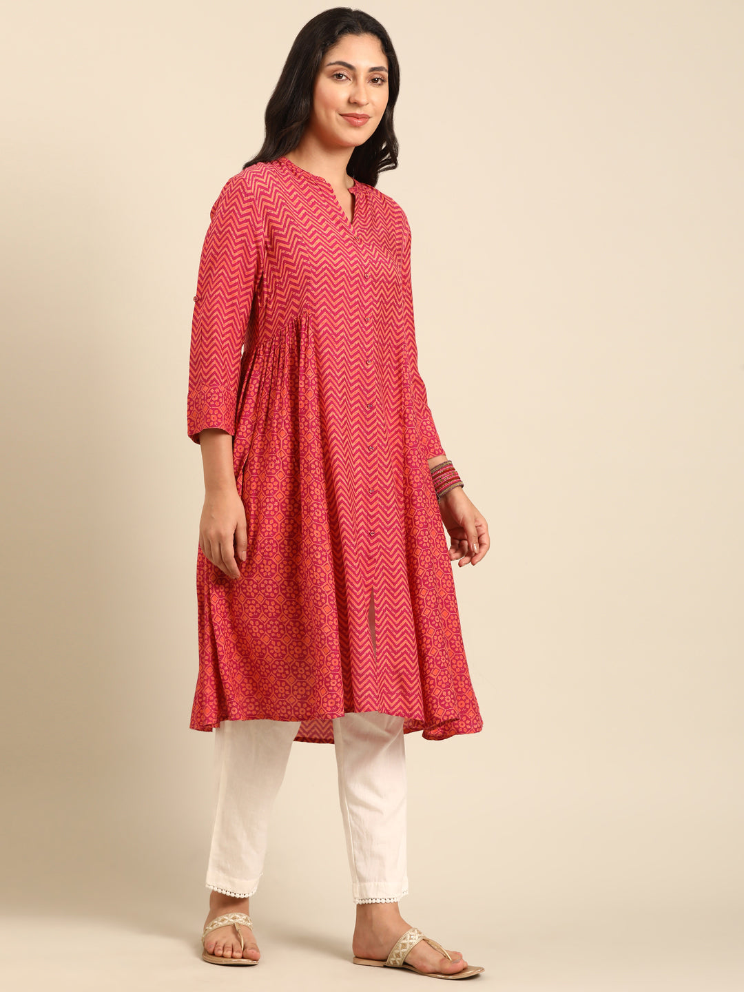 Fuchsia Printed Rayon A-Line Kurta