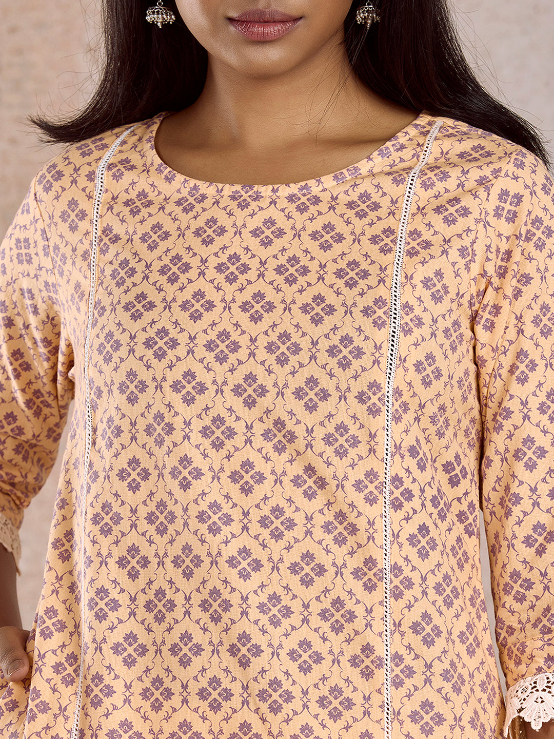 Peach Printed Straight Kurta