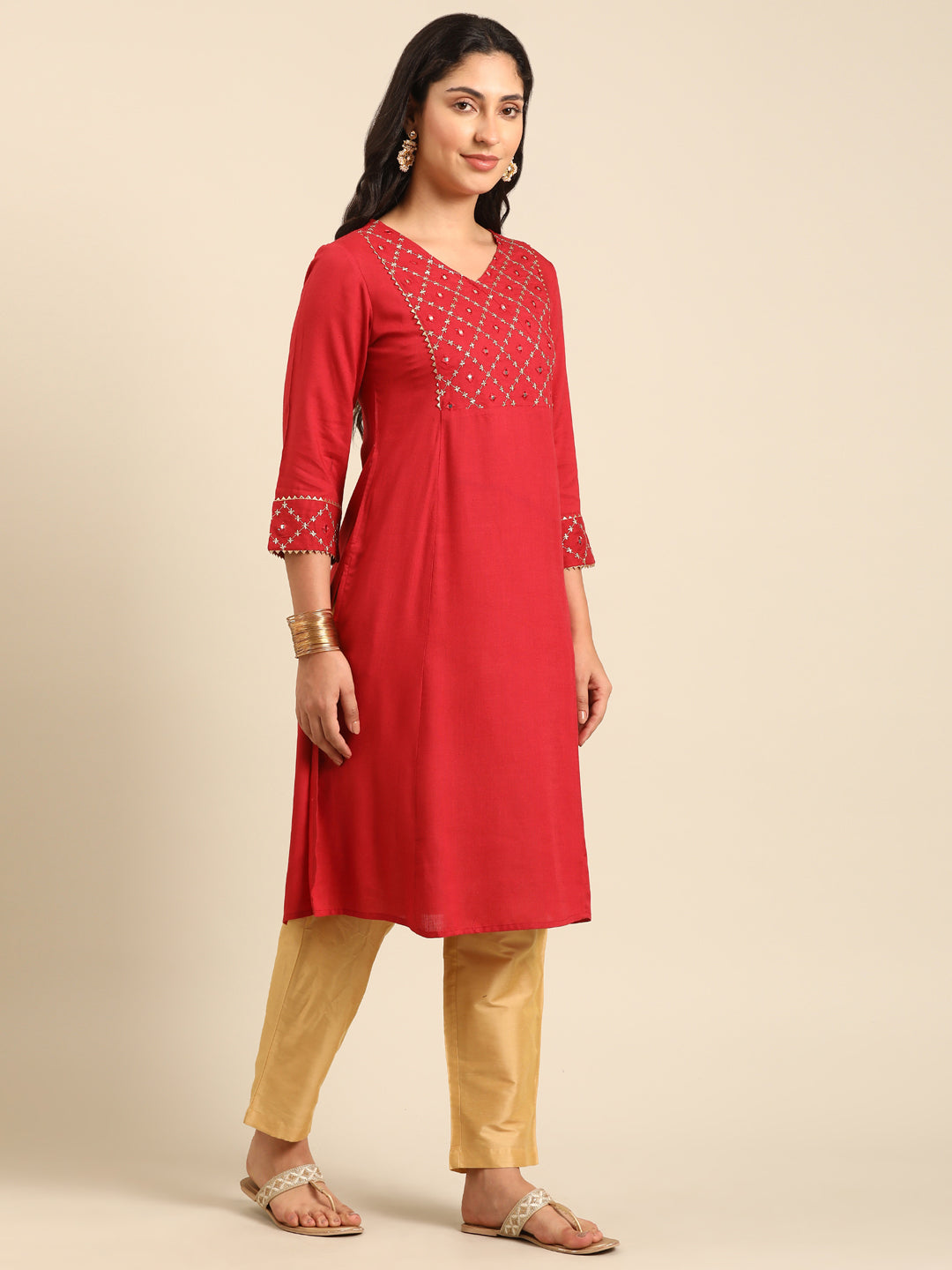 Red Viscose Rayon A-Line Kurta