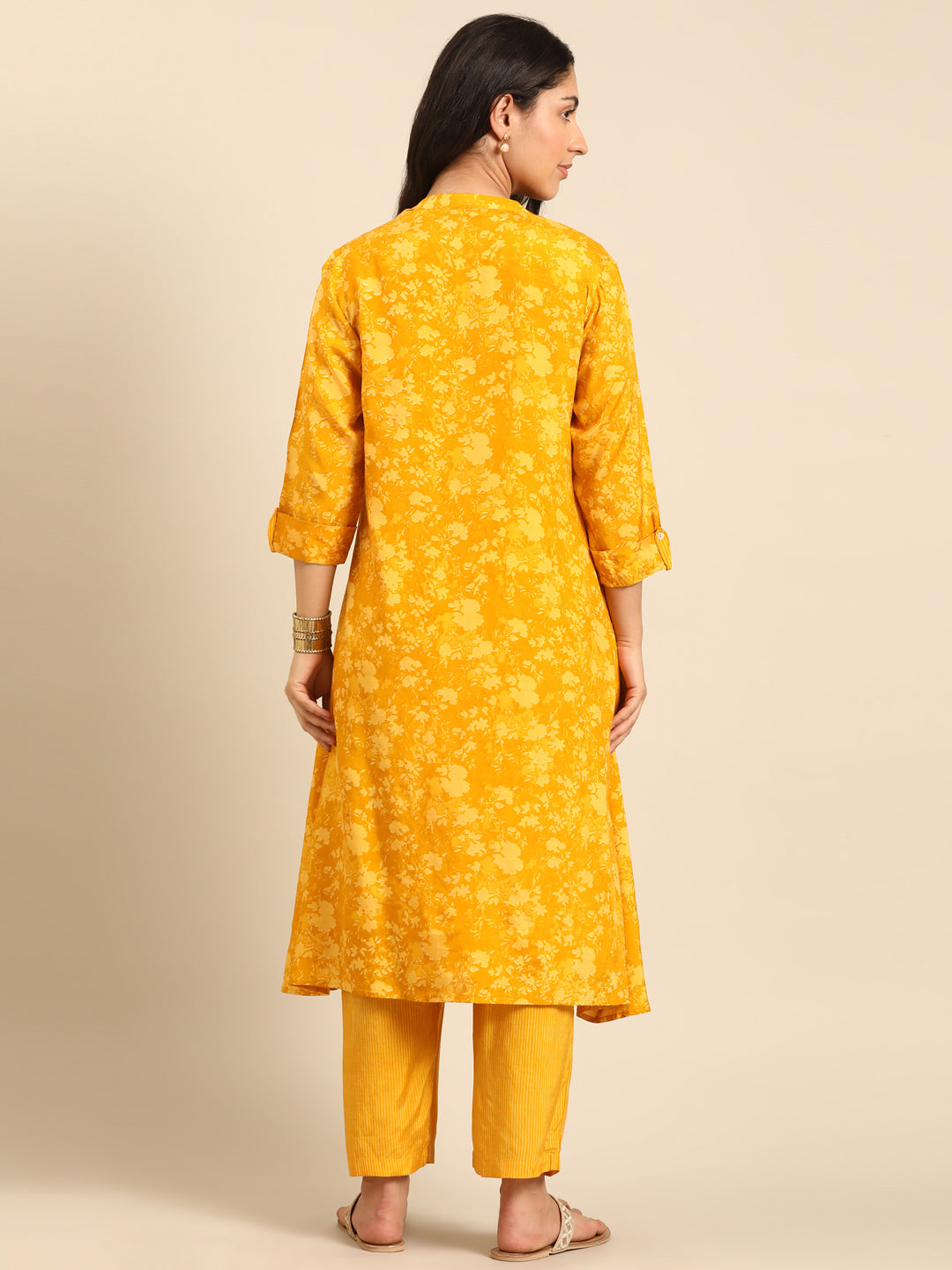 Floral Yellow Kurta Pant Set with Jacket