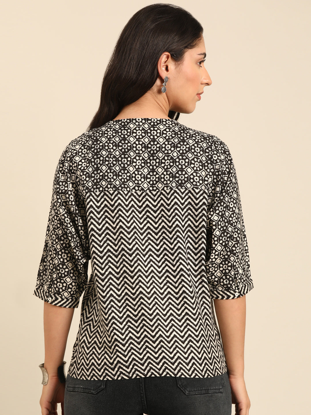 Black & White Printed Viscose Rayon A-Line Top