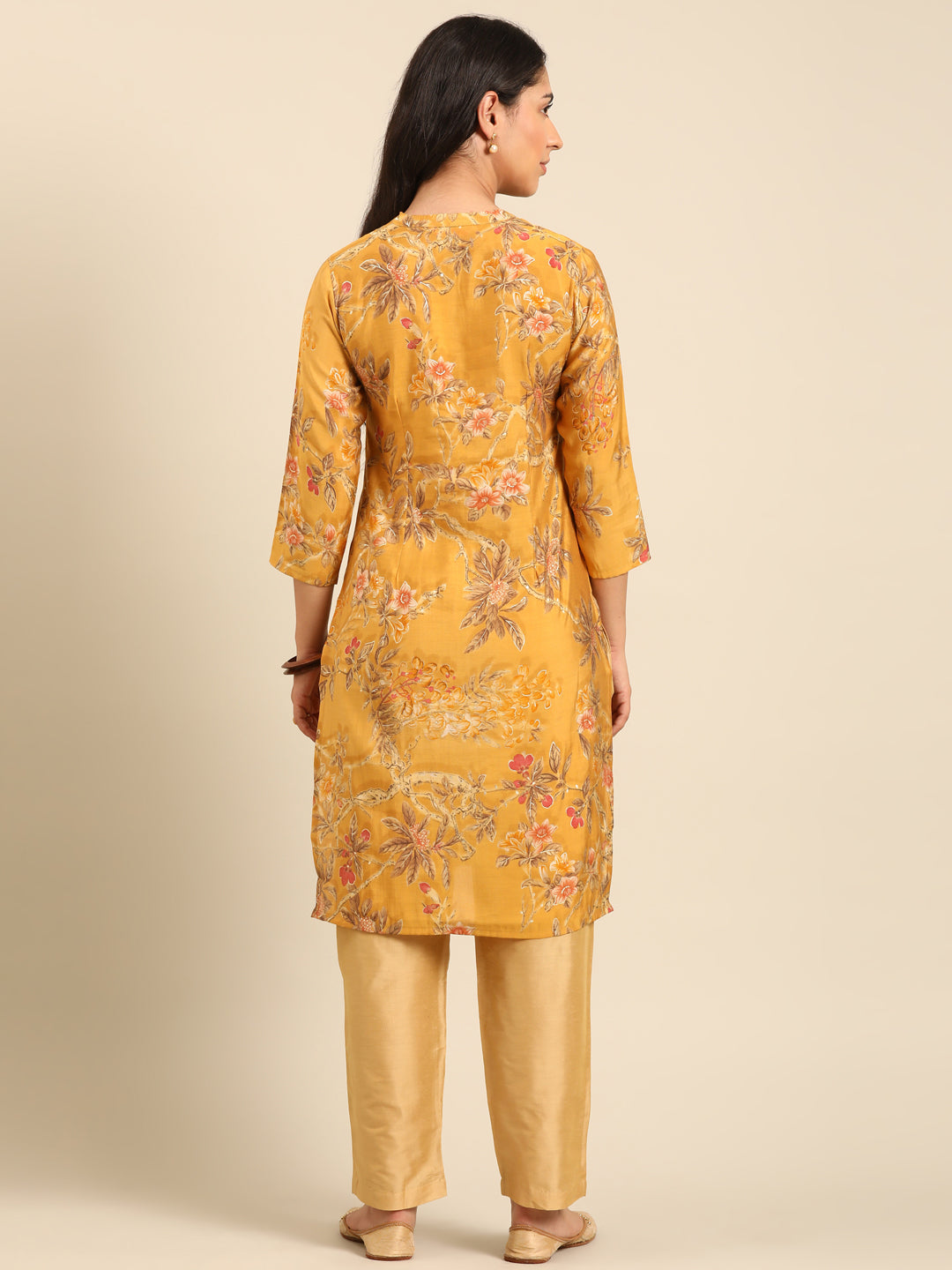 Mustard Printed Muslin Straight Kurta