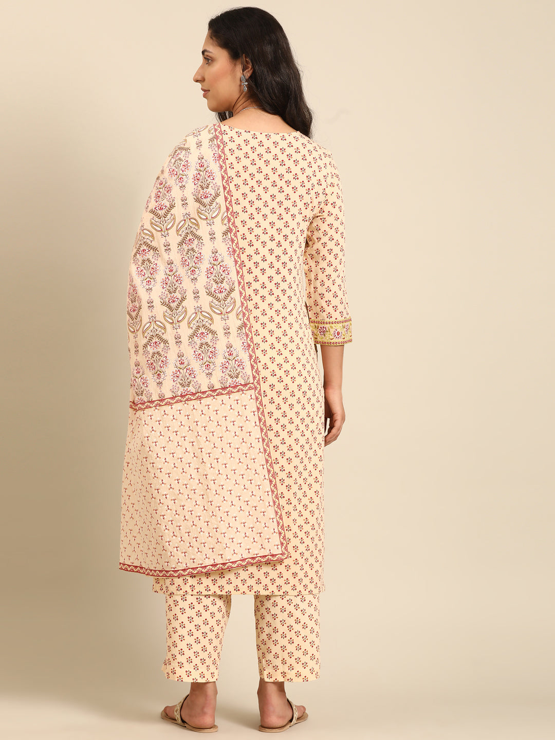 Beige Printed Straight Kurta Set