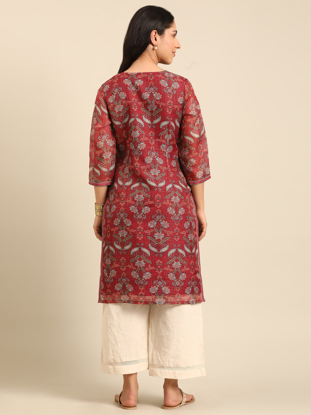 Peach Printed Kota Straight Kurta