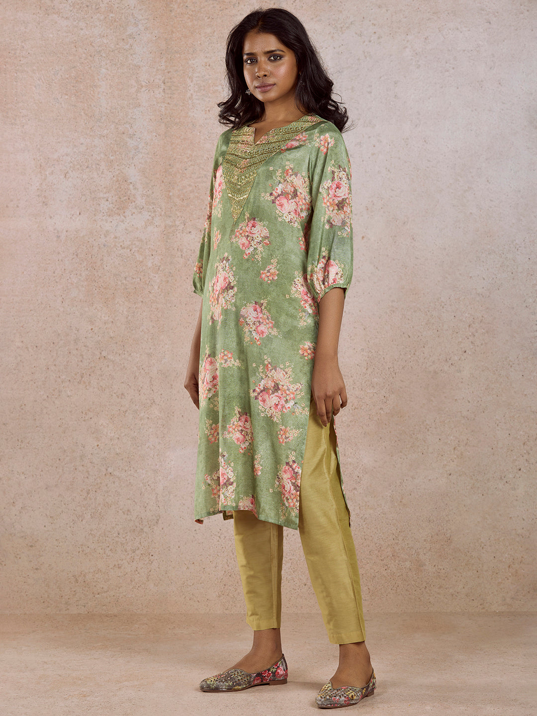 Green Yoke Embroidered Rayon Kurta