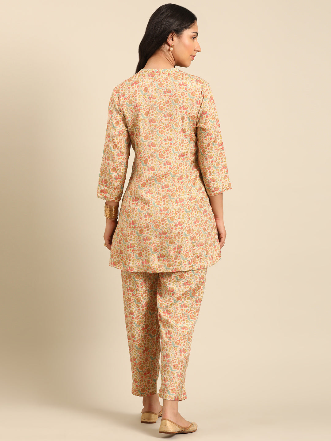 Beige Floral Kurta Pant Set