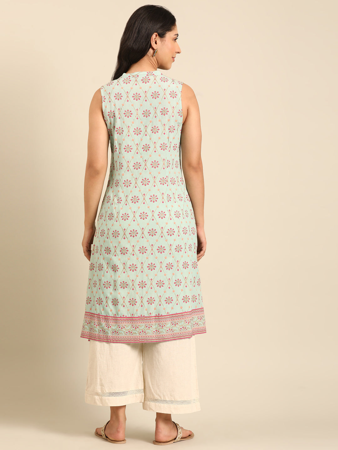 Mint Printed Viscose Rayon Sleeveless Kurta