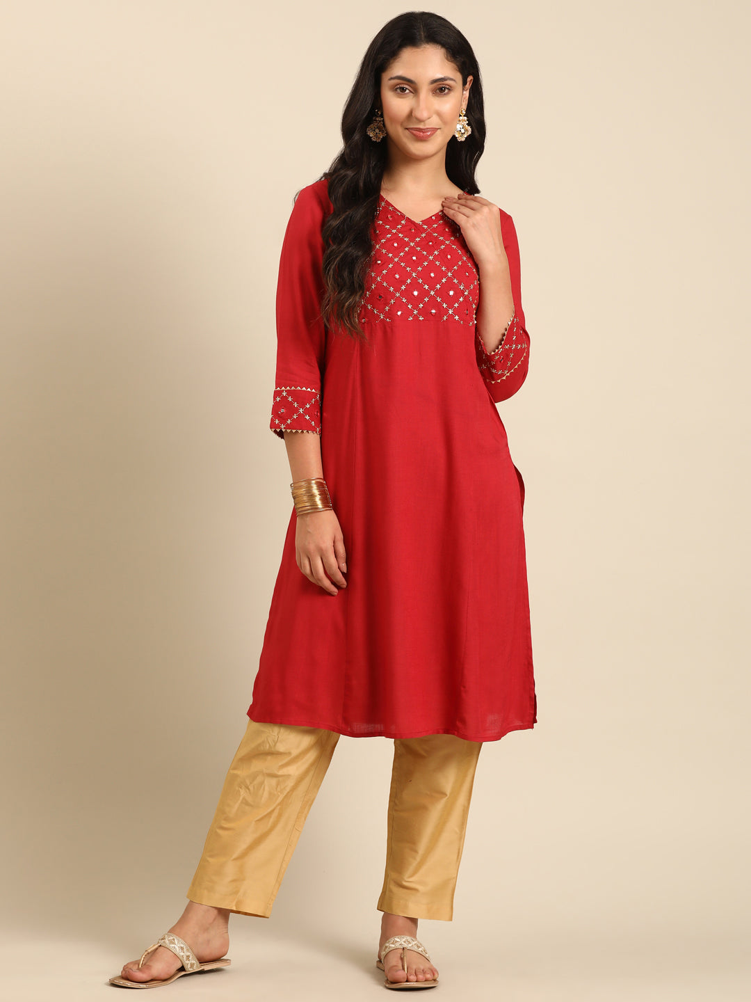 Red Viscose Rayon A-Line Kurta