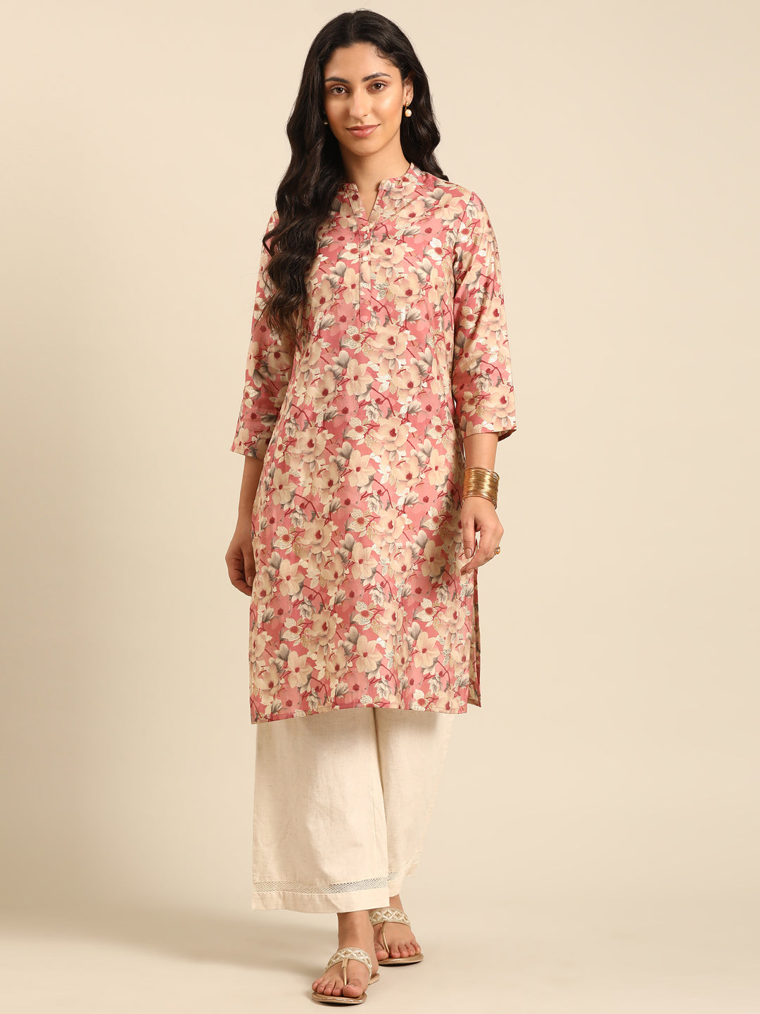 Pink Printed Muslin Straight Kurta