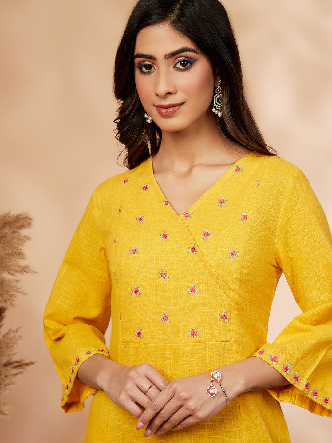 Mustard Floral Embellished A-Line Kurta