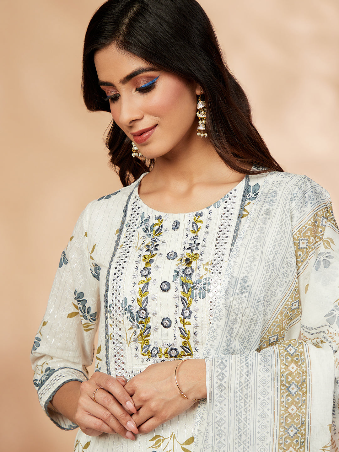 Blue Cotton Printed Straight Kurta Set