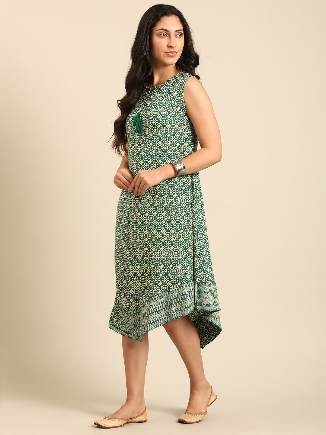 Green Printed Rayon Asymmetric Dress