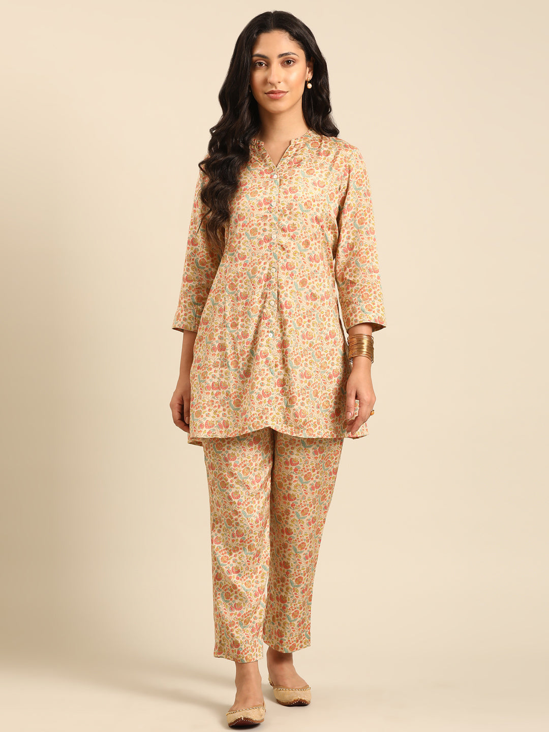 Beige Floral Kurta Pant Set