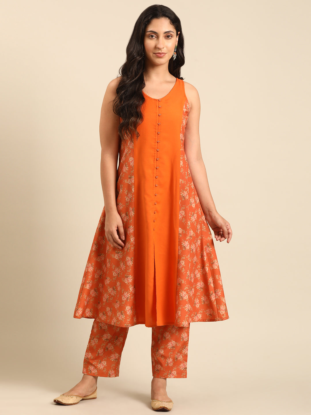 Orange Floral Kurta Pant Set