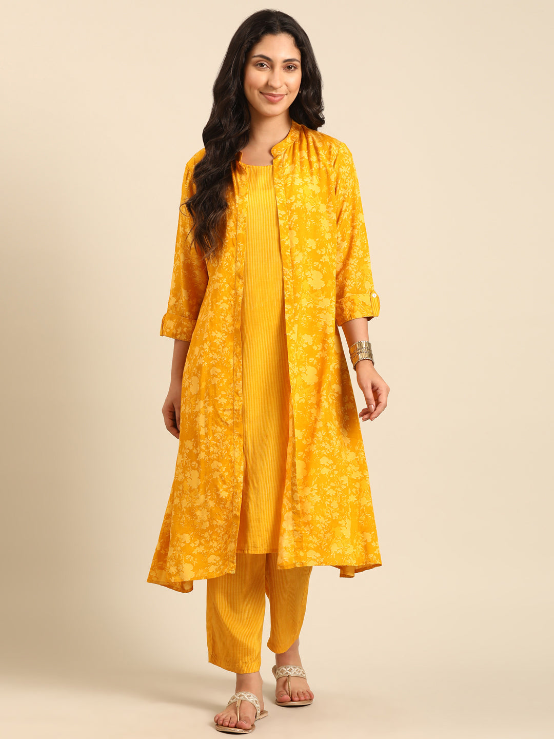 Floral Yellow Kurta Pant Set with Jacket