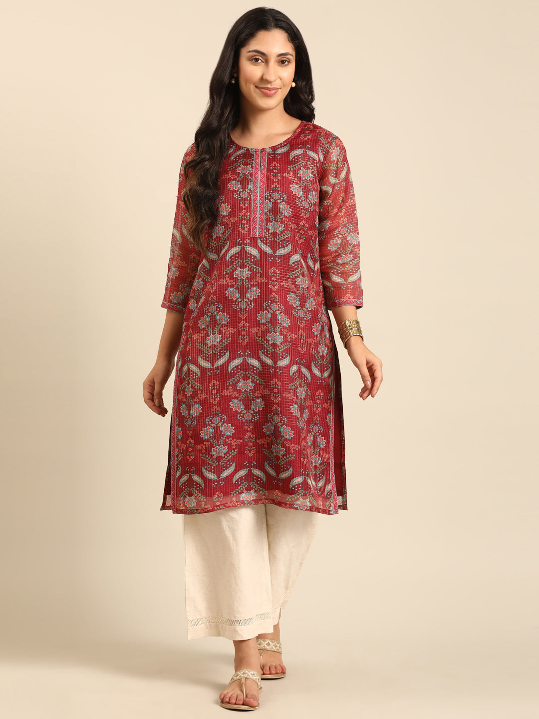 Peach Printed Kota Straight Kurta