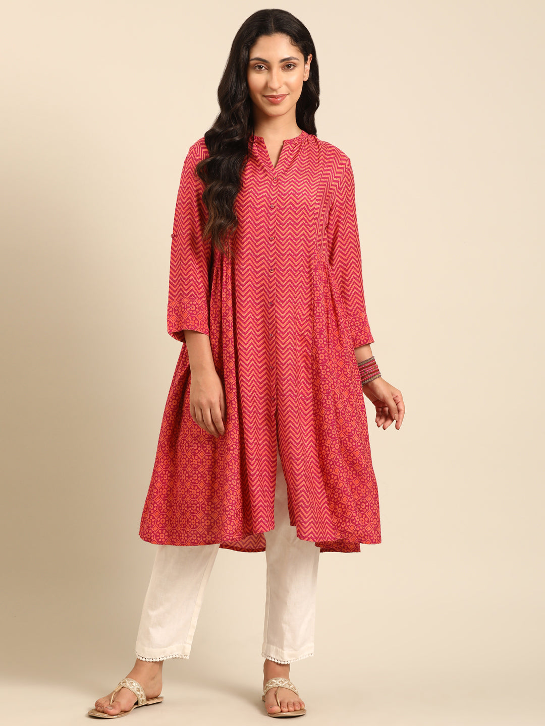 Fuchsia Printed Rayon A-Line Kurta