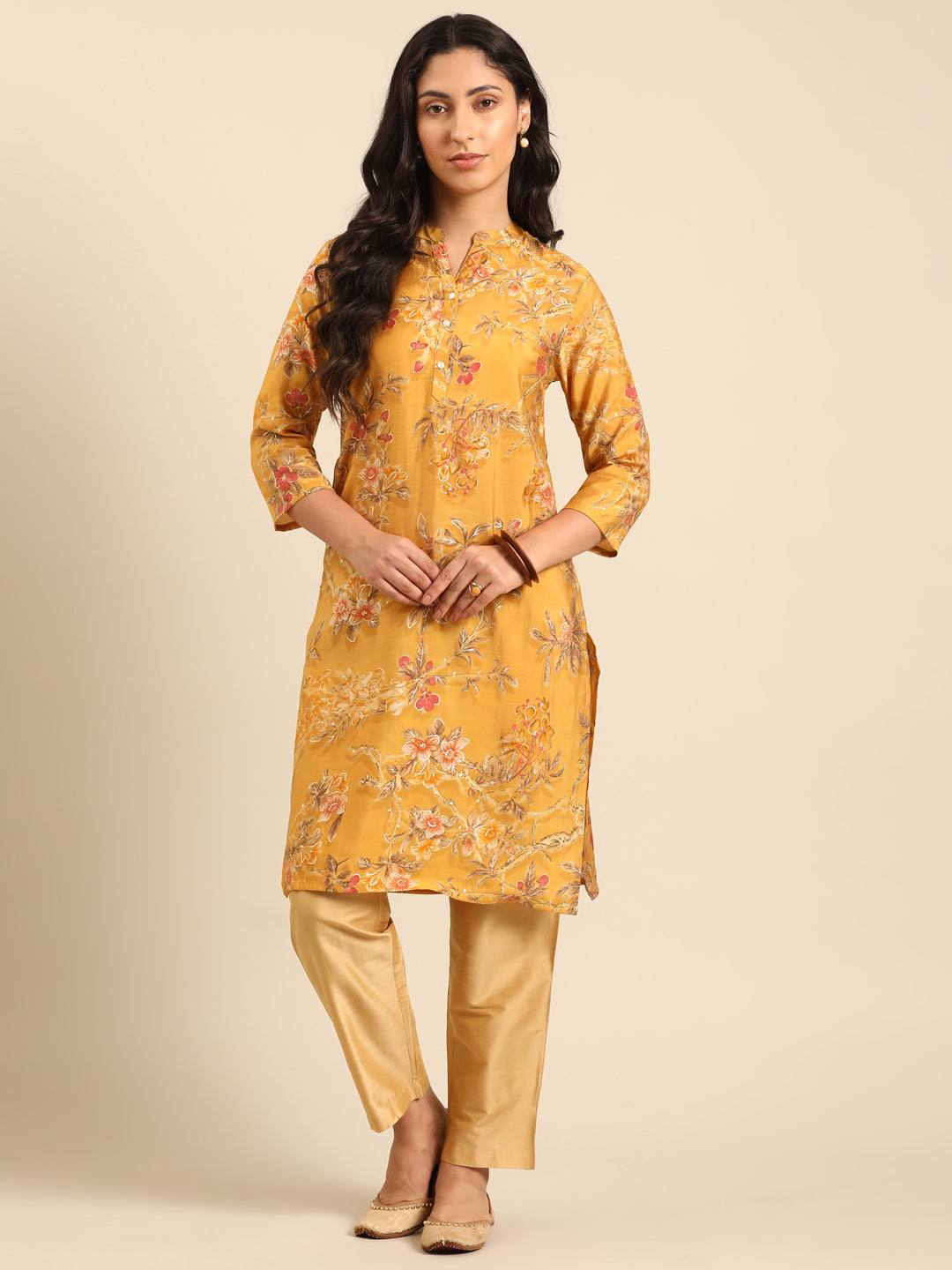 Mustard Printed Muslin Straight Kurta