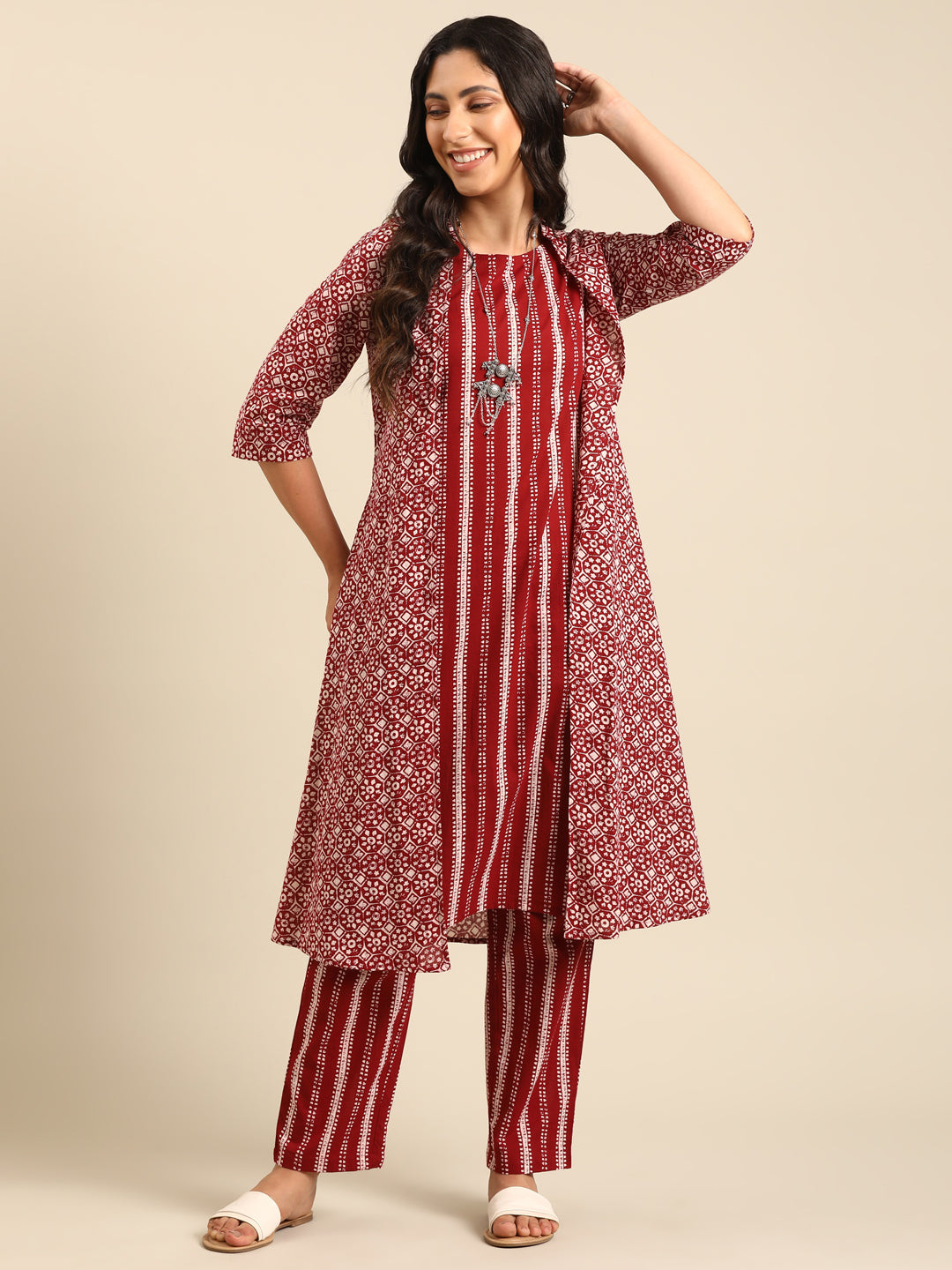 Red Printed Kurta Set with Jacket