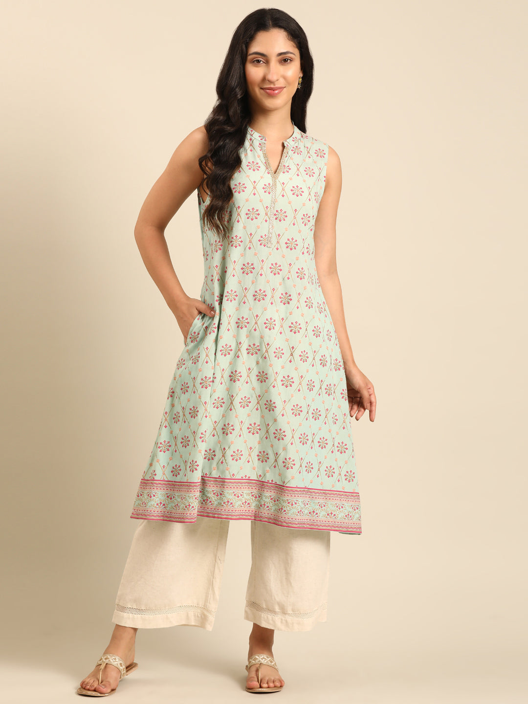 Mint Printed Viscose Rayon Sleeveless Kurta