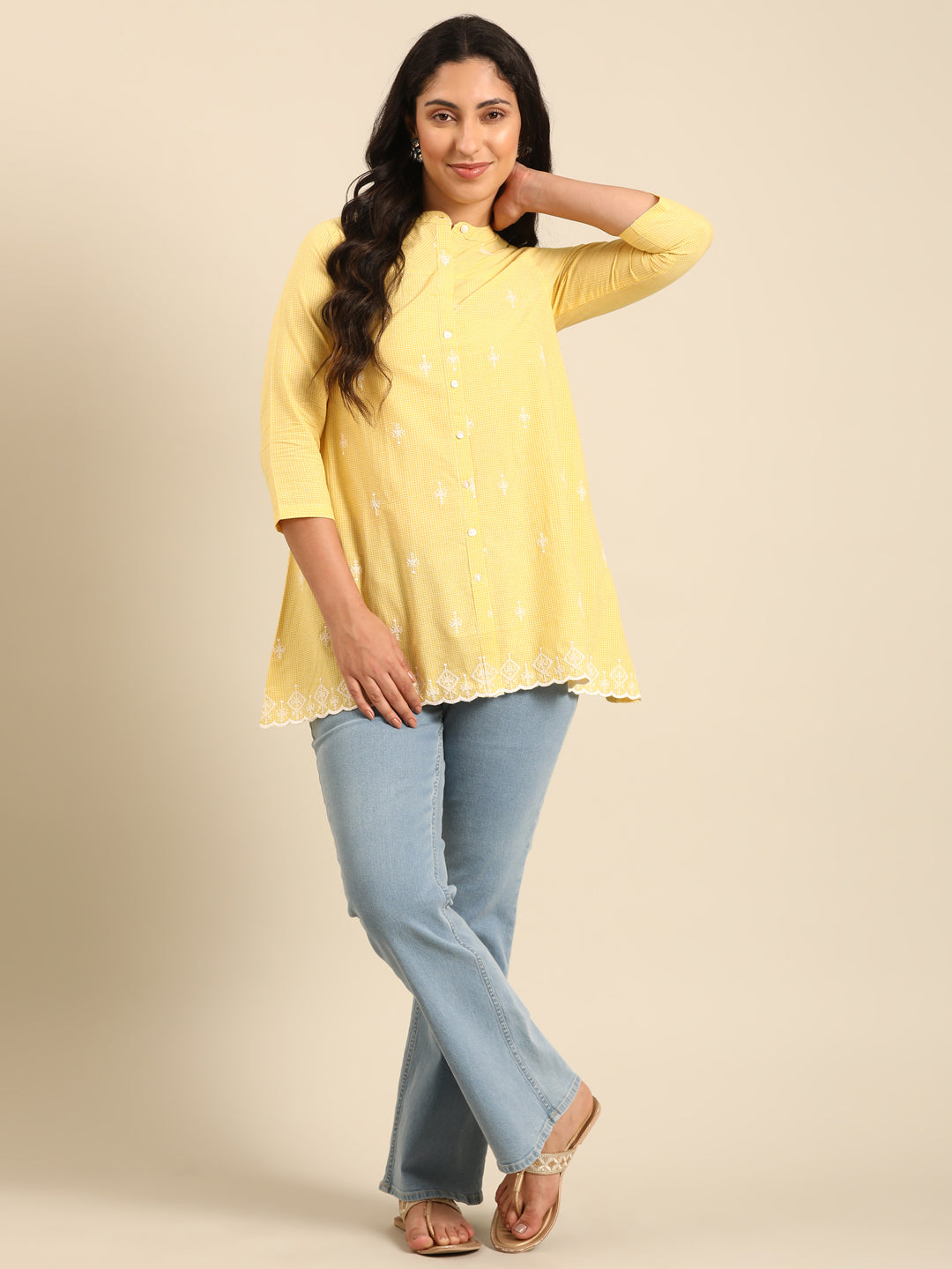 Yellow Embroidered Cotton A-Line Top