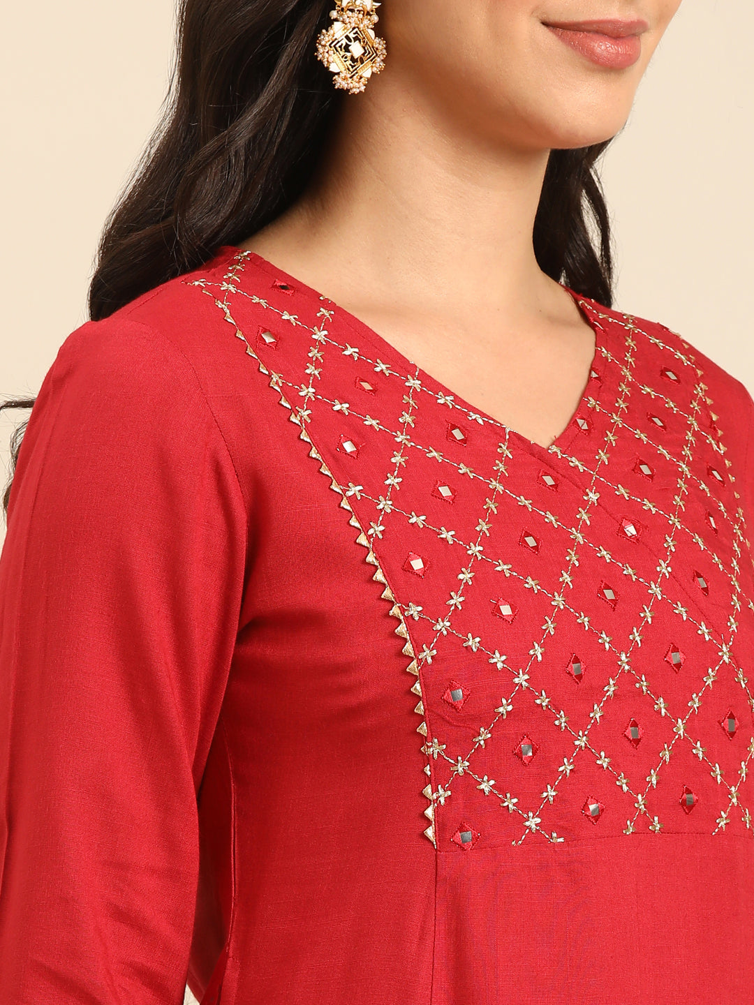 Red Viscose Rayon A-Line Kurta