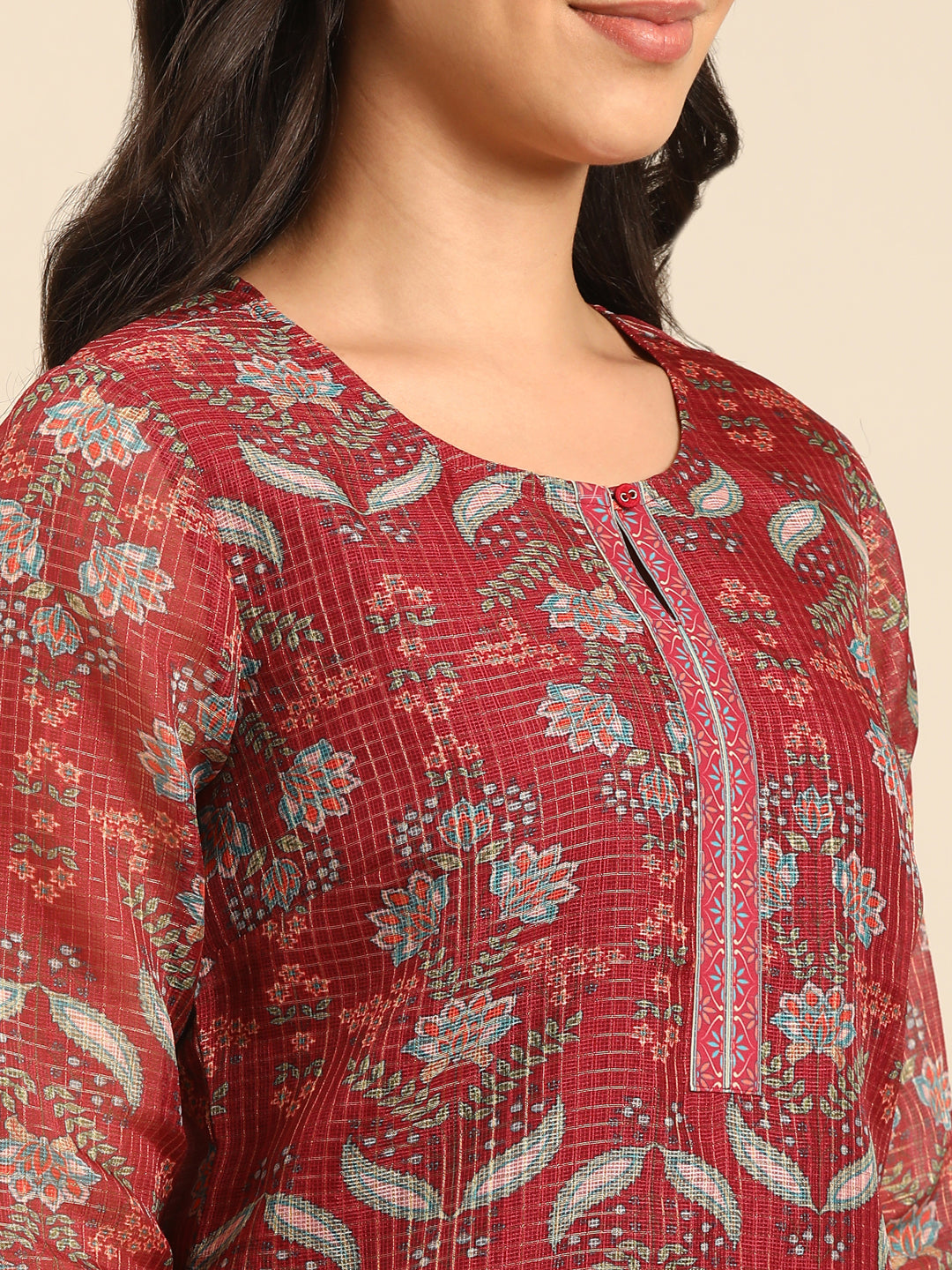 Peach Printed Kota Straight Kurta