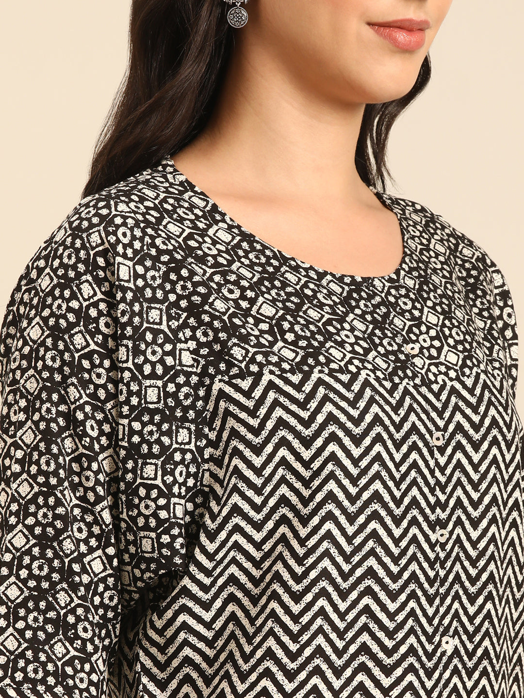 Black & White Printed Viscose Rayon A-Line Top