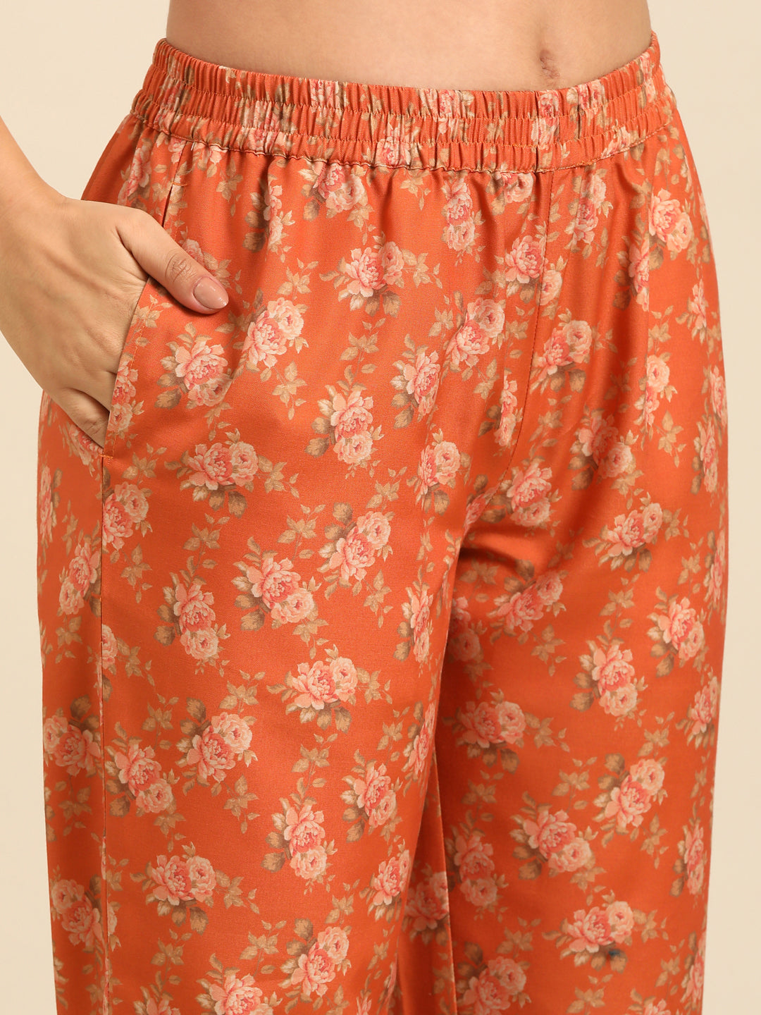 Orange Floral Kurta Pant Set