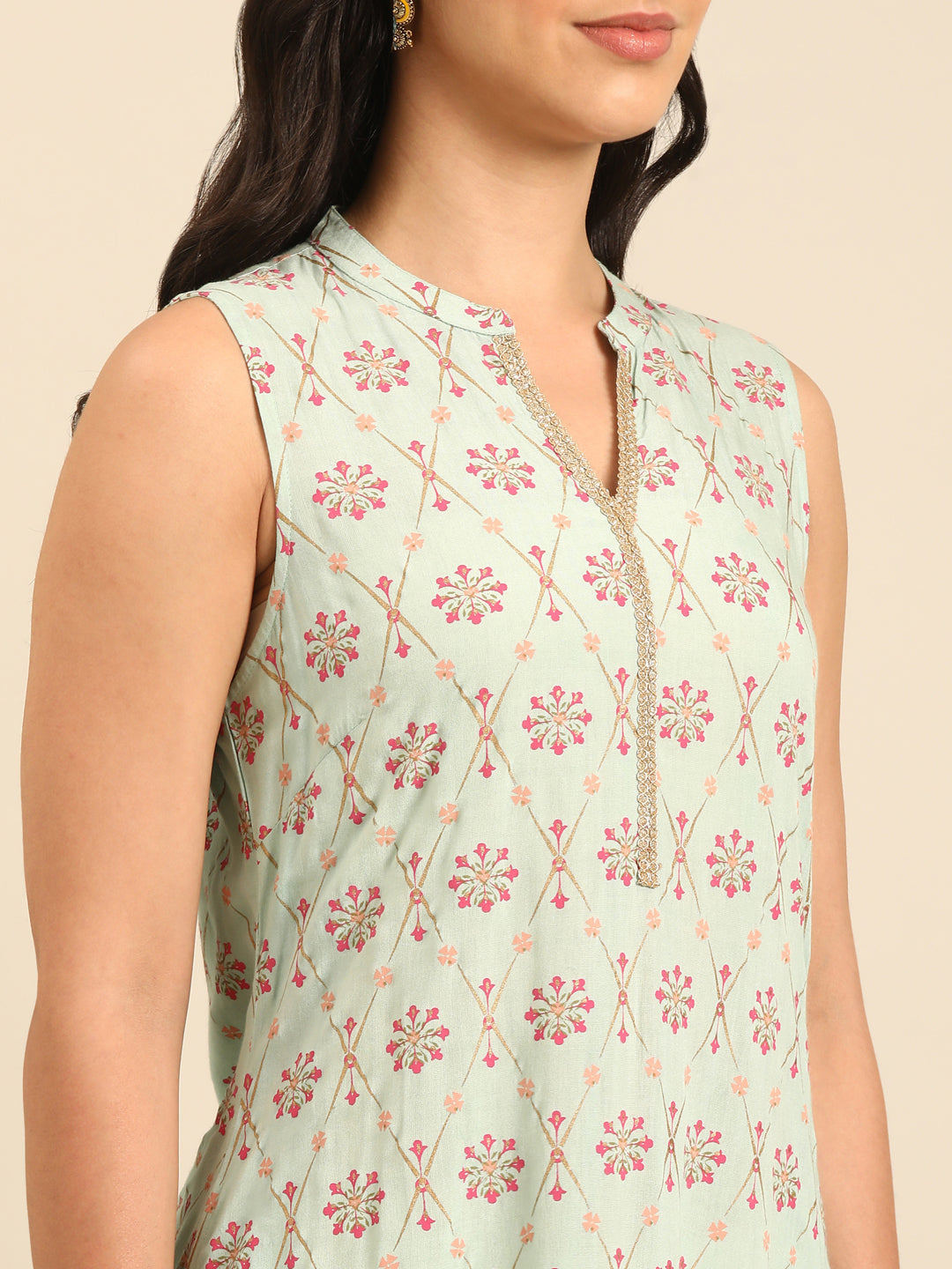 Mint Printed Viscose Rayon Sleeveless Kurta