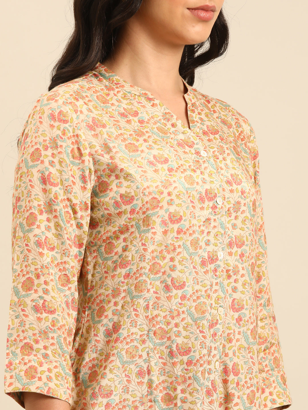 Beige Floral Kurta Pant Set