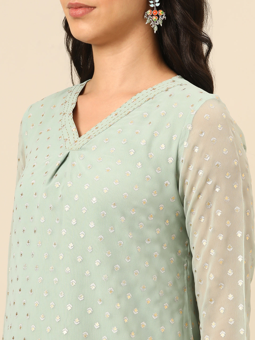 Mint Printed Chinon Kurta Set