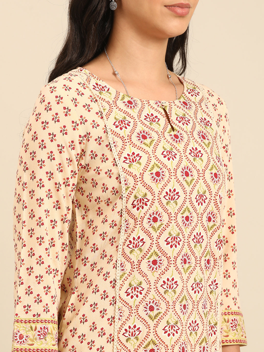 Beige Printed Straight Kurta Set