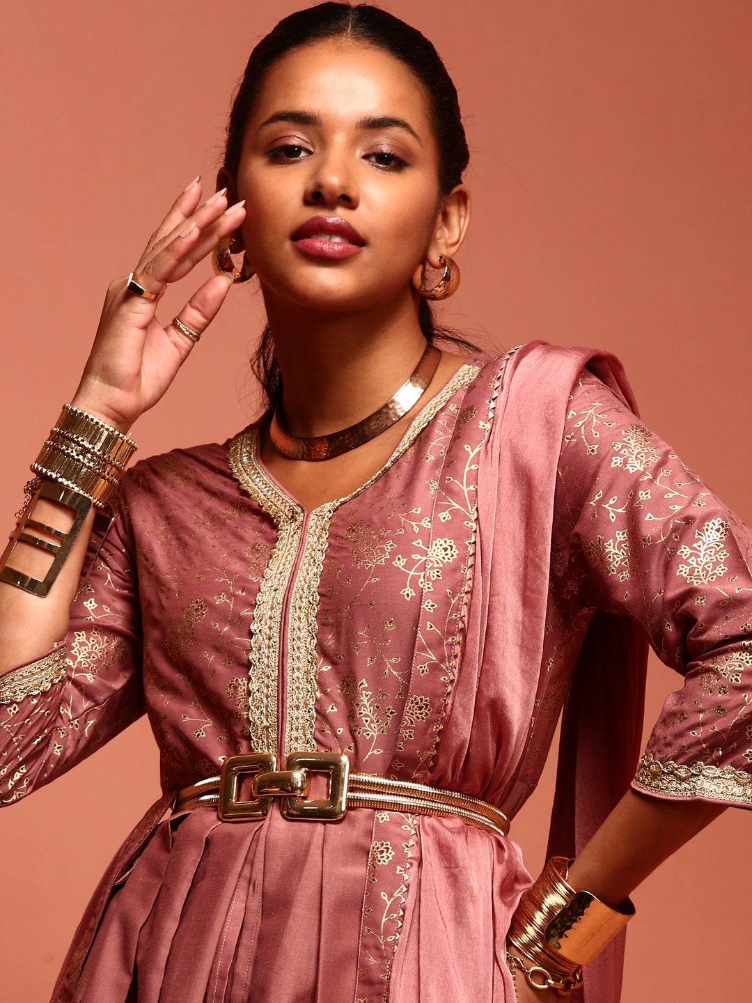 Pink Gathered Kurta Palazzo Set with Dupatta