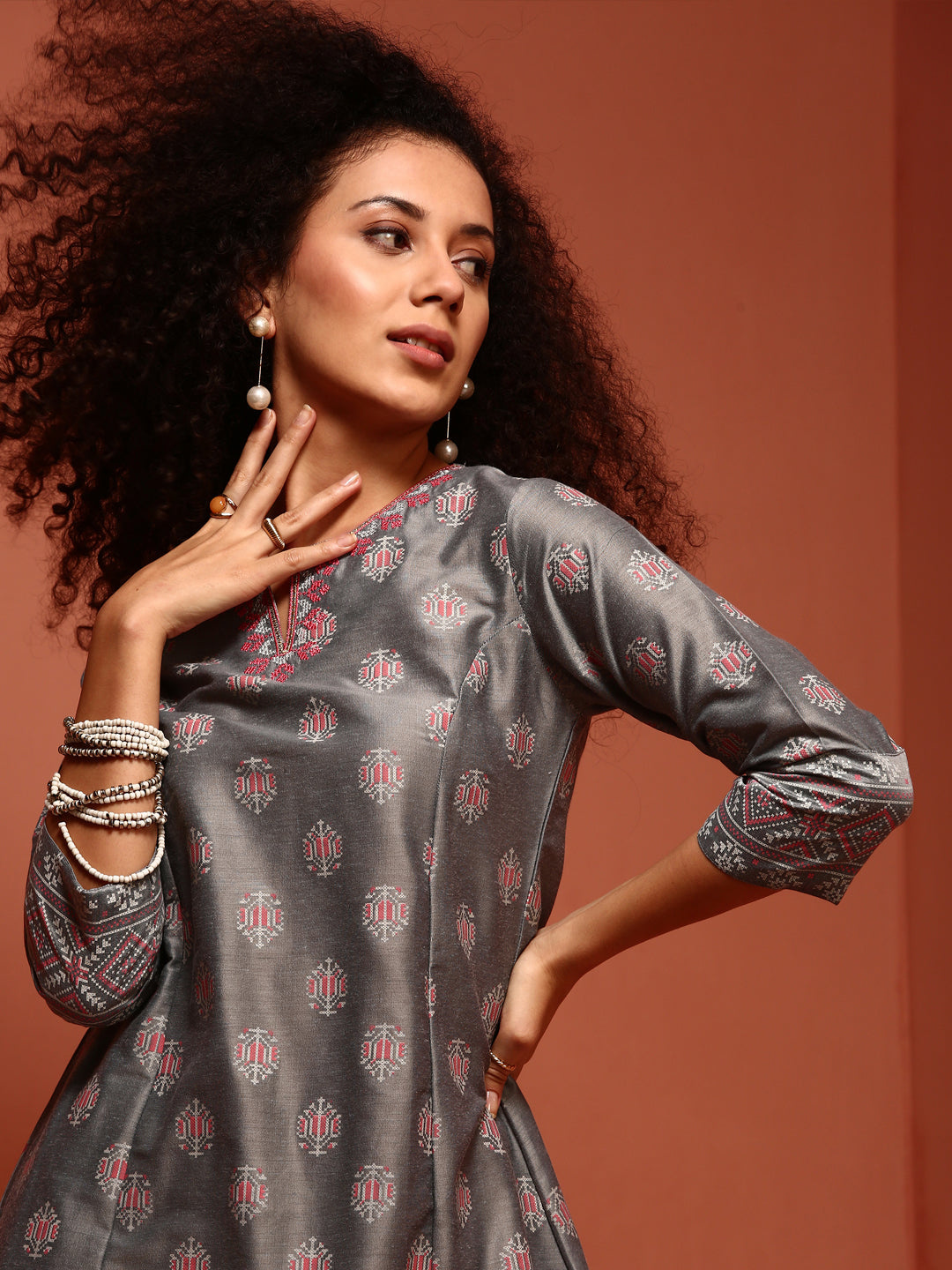 Grey Printed A-Line Kurta