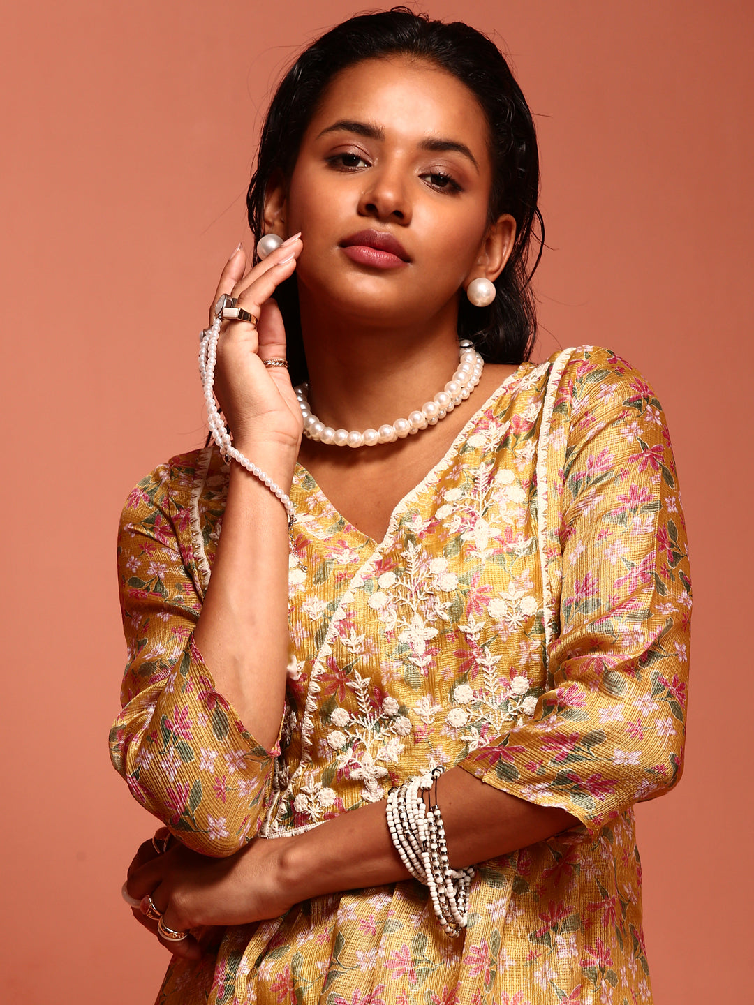 Yellow Kota Embroidered Kurta Set