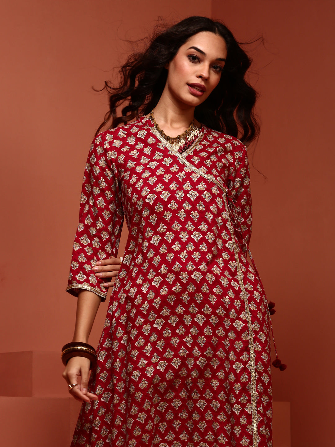 Maroon Printed A-line Kurta