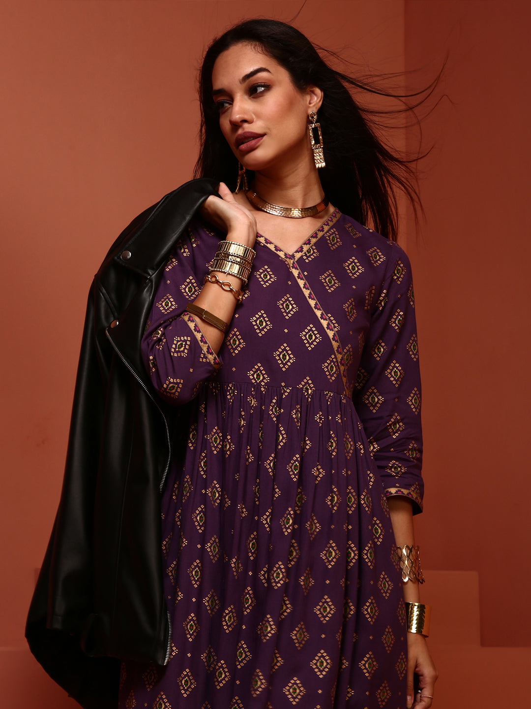Violet Printed Gathered Kurta