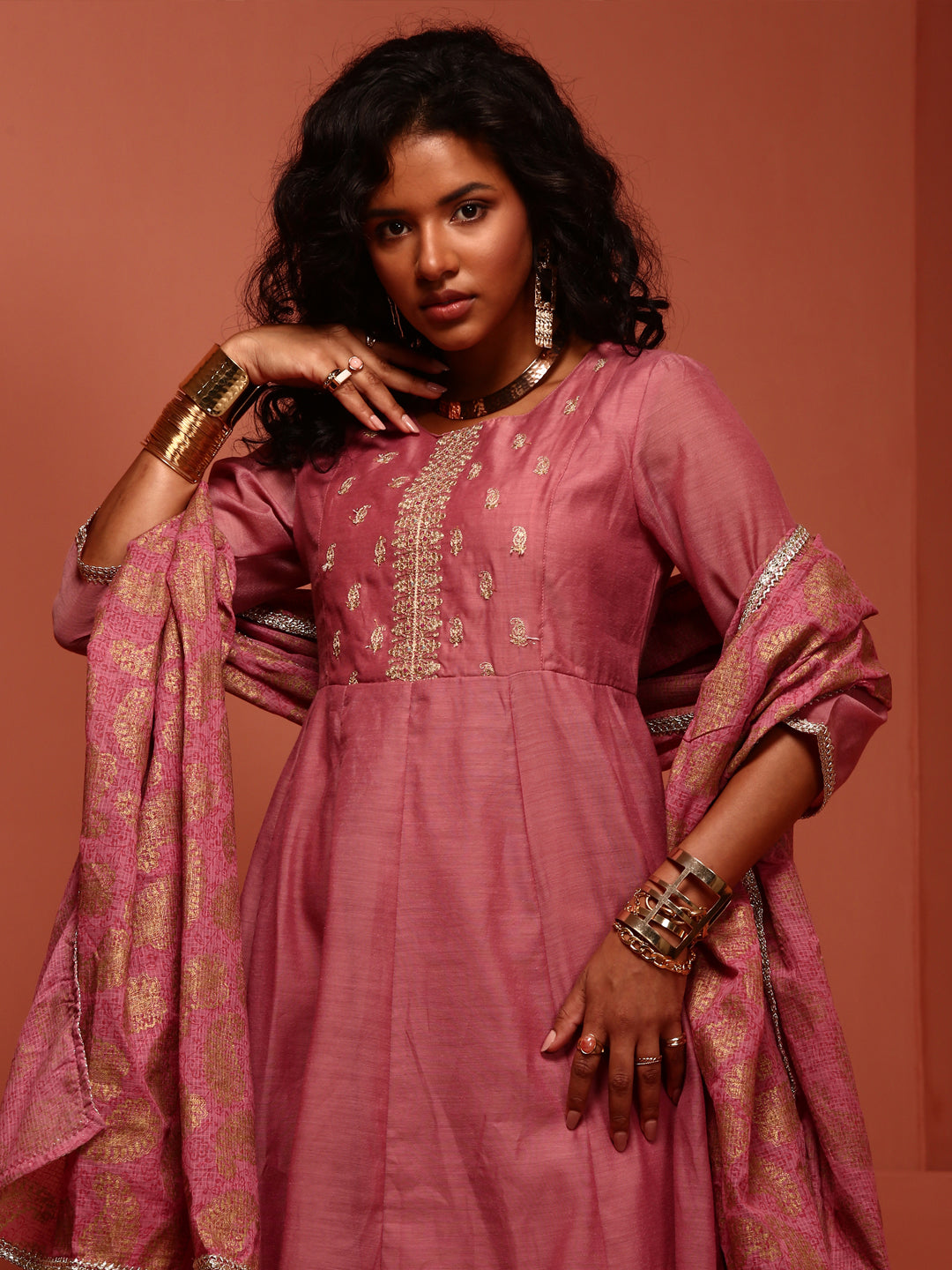 Old Rose Chanderi Embroidered Kurta Set