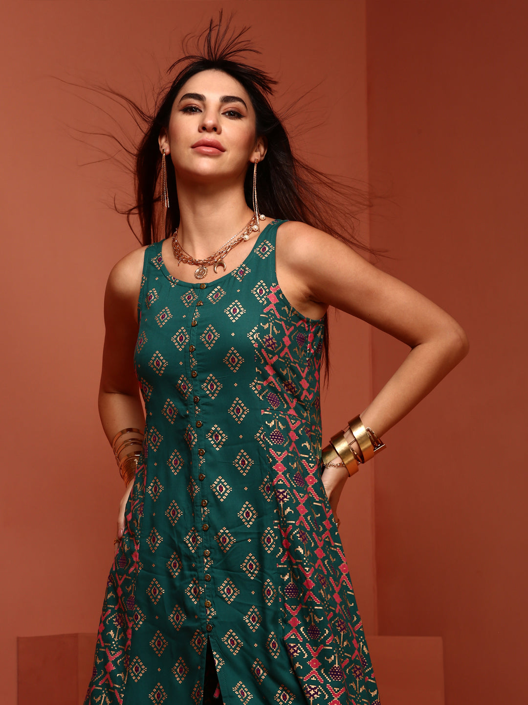 Green A-line Printed Kurta Set