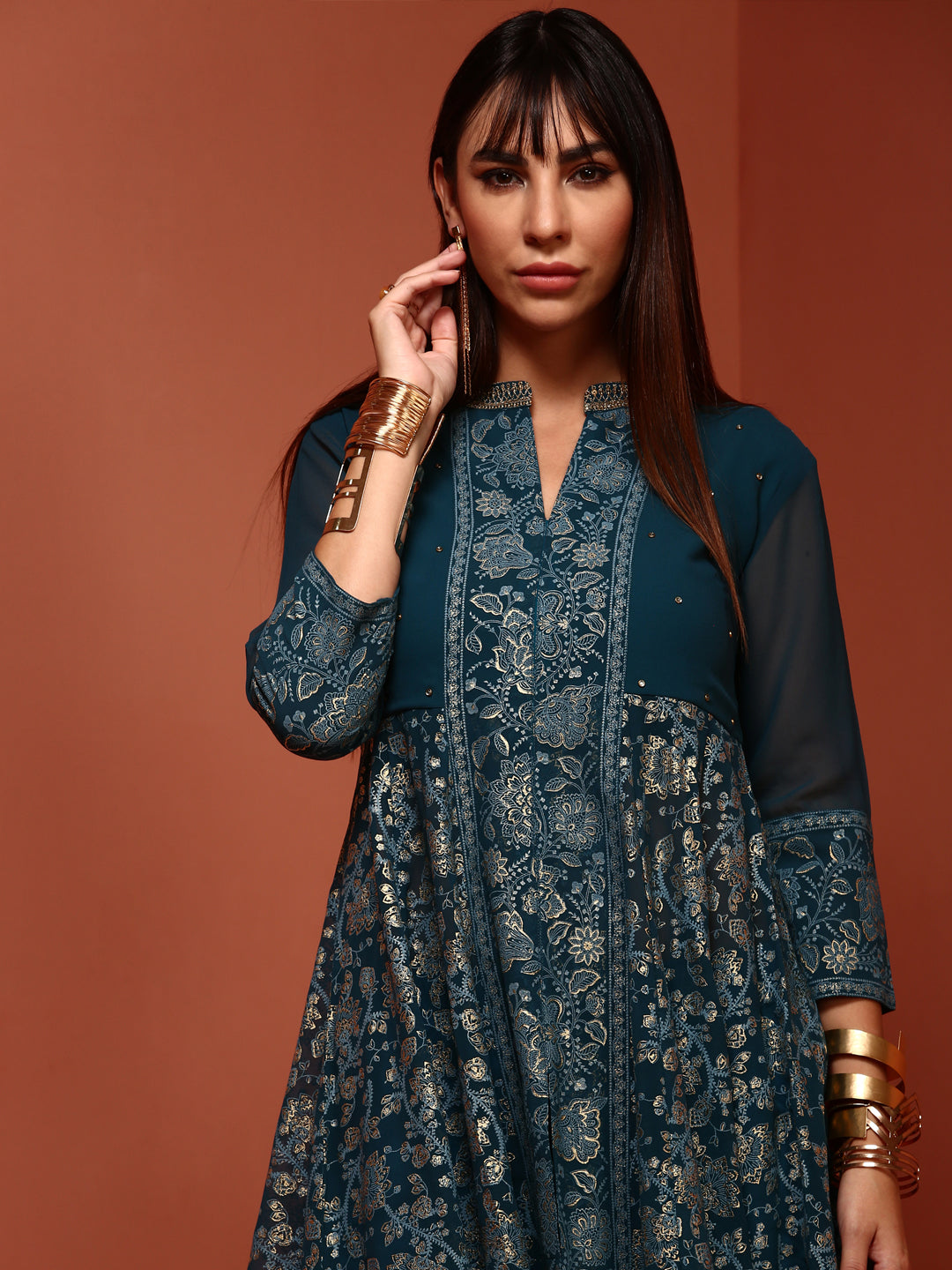 Teal Brocade Gathered Kurta Set