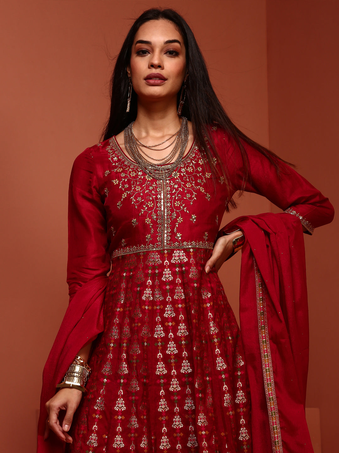 Red Kalidar Brocade Kurta Set