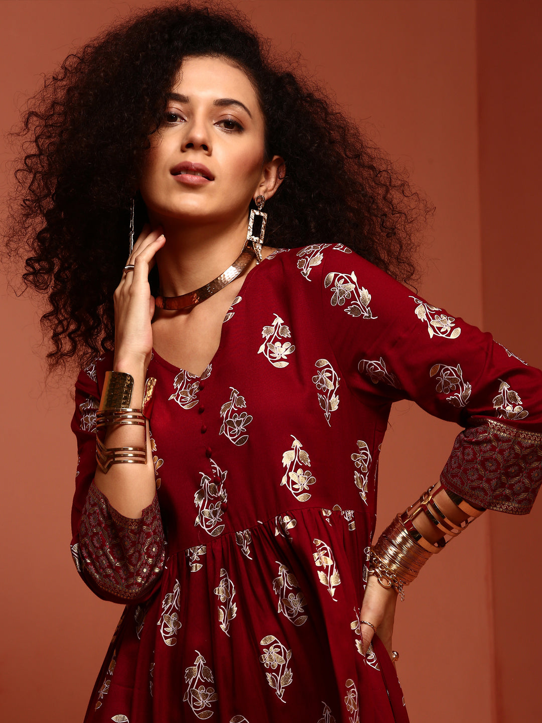 Maroon Gathered Printed Kurta